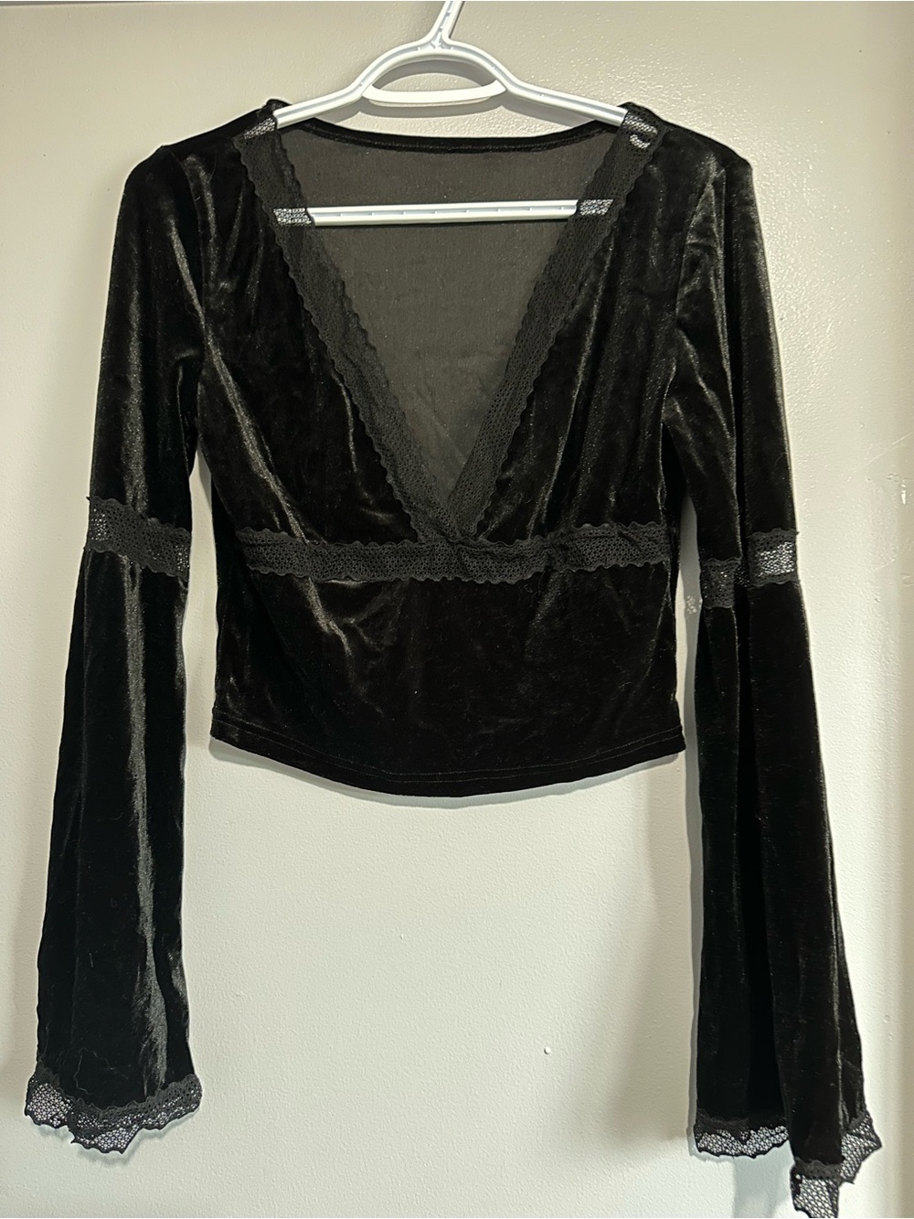 SHEIN Black Velvet Long Sleeve Deep V Top